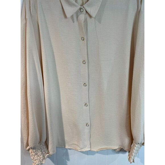 Chenault Womens XL Beige Long Sleeve Button-Up Blouse With Smocked Cuffs - Picture 6 of 12